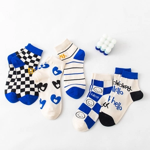 Mid Calf Crew Socks Combed Cotton Polyester Spandex Breathable Checkerboard Heart Smiley Face Pattern Klein Blue Women