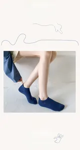 Detail of navy blue cotton boat socks with a khaki heel tab and elastic texture