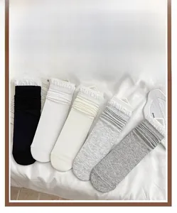 Detail showing various colors of ballet-style ribbed socks with delicate lace trim