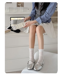 Detail of ballet style cotton mid-calf socks with sweet lace trim and ribbed texture