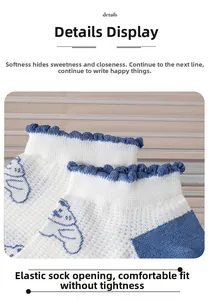 Vue détaillée de chaussettes blanches en coton avec bords volantés bleus et motif d'ours
