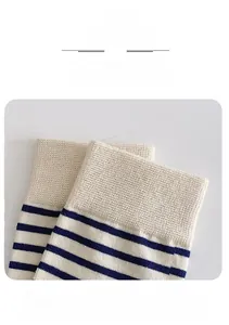 Close-up of elastic ribbed cuffs on striped cotton socks featuring blue horizontal stripes