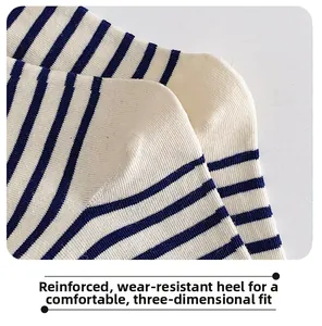 Close-up of reinforced heel on blue and white striped socks with knit texture detail