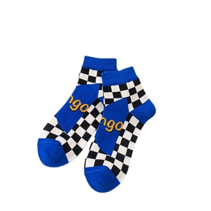 Blue and black checkerboard crew socks with yellow ngo text and reinforced rib cuffs