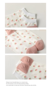 Detail view of cotton ankle socks with red strawberry patterns and pink heels