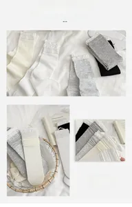 Detailed view of women's ribbed knit socks with elegant lace trim in neutral colors