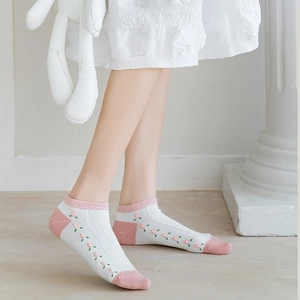Women's cute pink white cotton boat socks with floral tulip embroidery and ankle fit