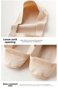 Detail of nude ice silk no-show socks with high elastic cuff and non-slip silicone heel