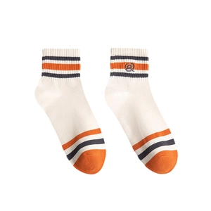 White cotton crew socks with athletic blue and orange stripes and side logo embroidery