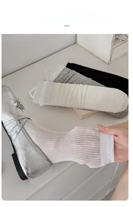 Detail of high-elasticity ribbed ballet style socks stretched to show sheer texture