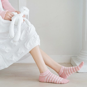 Pink striped cotton low cut ankle socks for women featuring cute strawberry girl style