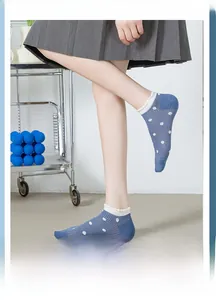Détail de chaussettes en résille bleue à pois avec délicats bords à volants blancs
