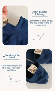 Detailed view of dark blue cotton socks with elastic ribbed cuffs and comfortable heel design