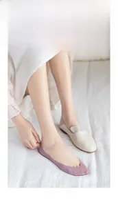 Detail of ultra-thin purple mesh invisible socks worn with beige flat shoes for summer