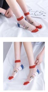 Close-up of sheer mesh socks featuring cartoon cat pattern and mystery text