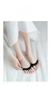 Close-up of black toeless five-finger invisible socks worn on feet for high heel comfort