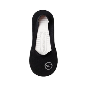 Minimalist black ice silk no-show socks with round logo and seamless shallow cut design
