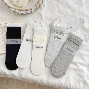 Women Ballet Style Slouch Socks Sweet Agaric Lace Trim Cotton Blend Ribbed Mid-Calf Socks Solid Color Versatile Spring Summer Thin Breathable Crew Socks