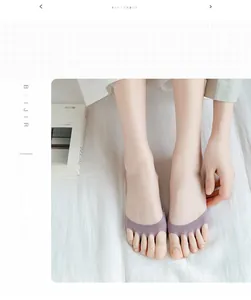 Detail view of purple five-finger no-show socks with open-toe design for high heels