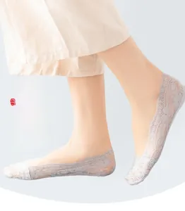 Close-up of grey floral lace no-show socks with wavy edges and anti-slip silicone grip