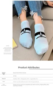 Detail of sweet blue low-cut cotton socks with cartoon face and fabric specifications