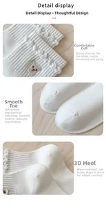 Detail display of ribbed cotton socks with ruffled cuffs and cute bear embroidery