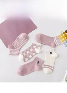 Close-up of a 5-pair set of purple cotton ankle socks with stripes and floral patterns