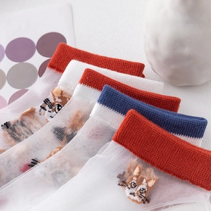 Women's thin sheer glass fiber socks with cute cat cartoon patterns and ribbed cuffs