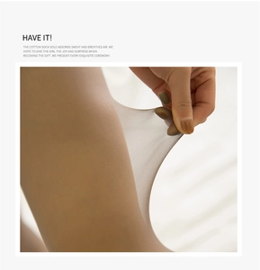 Close-up of nude velvet pantyhose showing high elasticity and breathable cotton sole