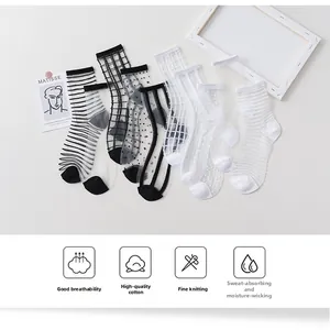 Detailed view of sheer mesh crew socks with geometric patterns and breathable cotton soles