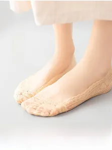 Detailed view of beige lace boat socks with non-slip silicone and ice silk fabric