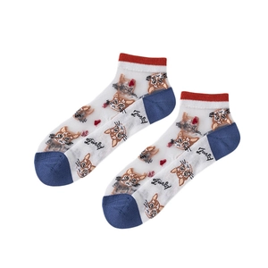 Cute Japanese style mesh ankle socks for women featuring cat patterns and blue accents