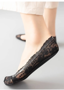 Detail of black lace no-show socks with non-slip silicone and floral hollow pattern