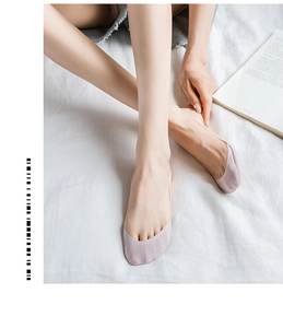 Detail of breathable mesh low-cut invisible socks with soft cushioning on model's foot