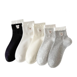 5-pack cute cotton socks with bear embroidery and lace trim in multi-color set