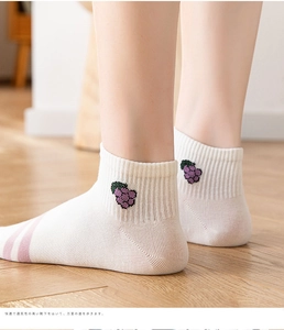 Detail of white cotton ankle sock with purple grape embroidery and striped toe design