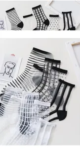 Detail of sheer glass fiber socks featuring striped and checkered patterns in mesh