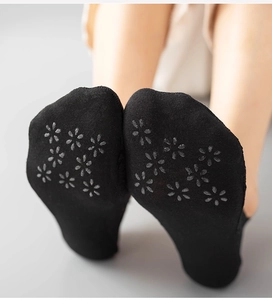 Close-up of black low-cut invisible socks featuring flower-shaped anti-slip silicone grips