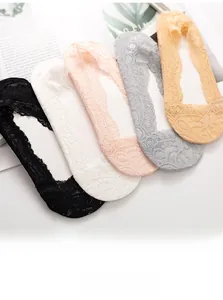 Detail of five pairs of no-show lace socks featuring non-slip silicone and ice silk fabric