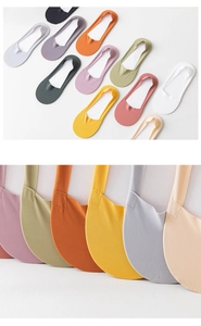 Detail view of colorful seamless low cut ice silk socks with non-slip silicone heel grips