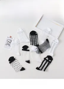 Detail of sheer glass fiber socks featuring diverse geometric stripes and plaid patterns