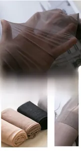 Detail showing ultra-thin transparent pantyhose fabric elasticity and color variations
