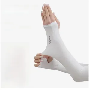 Macro detail of breathable white cooling sleeves showing high elasticity and thumb hole