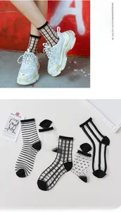 Detailed view of sheer summer mesh socks with black geometric patterns and stripes