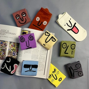 Set of colorful cotton ankle socks featuring funny cartoon facial expressions