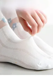 Detailed macro view of white cotton socks featuring breathable mesh and blue floral patterns
