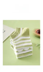 Detailed knit texture of light green striped and mountain pattern ankle socks for women