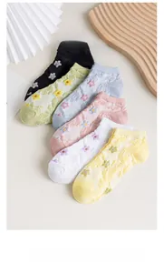 Close-up of low-cut floral mesh socks in six pastel colors with floral jacquard texture