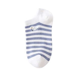 Blue and white striped low cut invisible socks with cute sheep cartoon embroidery
