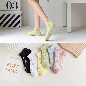 Women Low Cut No Show Socks Cotton Blend Breathable Mesh Floral Jacquard Small Flower Embroidery Retro Fresh